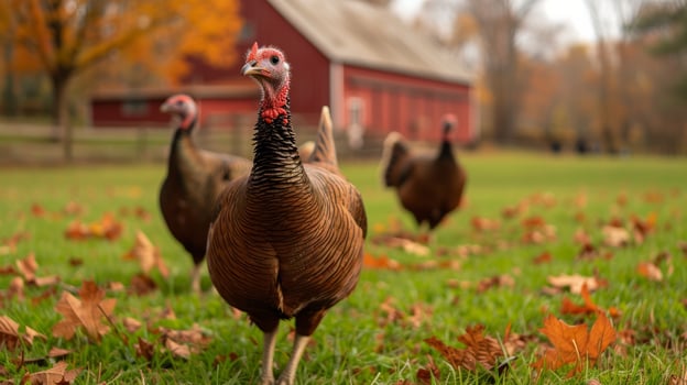 AI generated Turkeys walk on the grass in the yard of a classic American farm photo