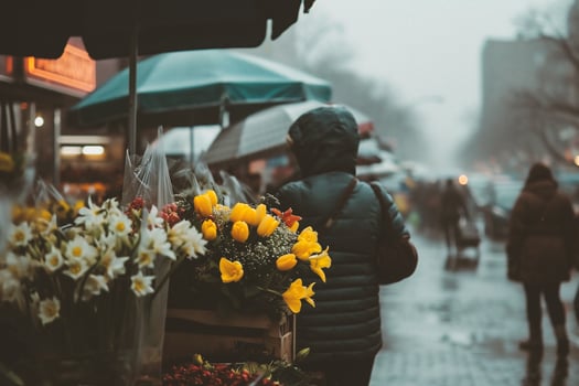 AI generated Yellow tulips in a wooden box on the street in rainy weather photo
