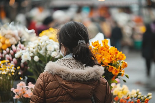 AI generated Young woman with a bouquet of flowers at the flower market. photo
