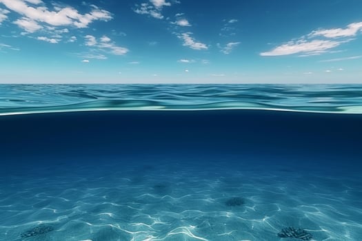 AI generated Blue sea ocean water surface and dark underwater with sunny and cloudy sky, with water reflection photo