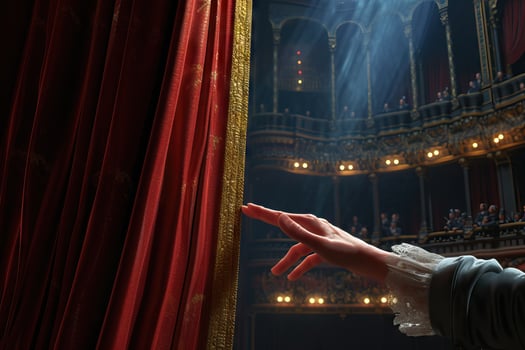 AI Generated Hand are opening the curtain of a stage. the show is about to begin. Generative AI photo