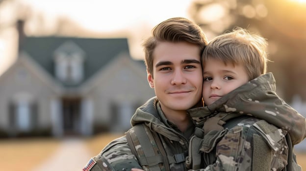 AI generated American smiling young handsome soldier holding a boy in his arms photo