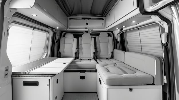 AI generated Modern camper van interior with a cozy interior. Concept of mobile living, adventure travel, road trips, and nature-connected lifestyles. Black and White. photo