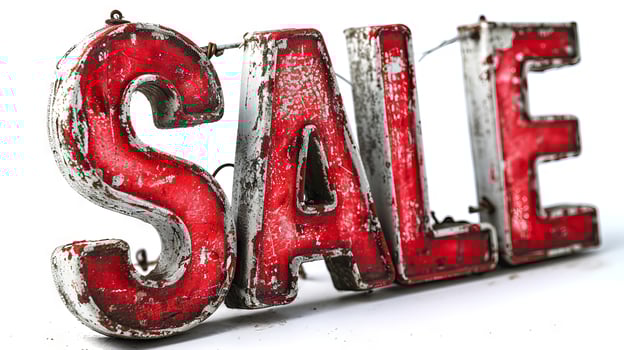 AI generated Vintage red SALE sign, distressed metal texture, bold lettering. On white background. Concept of retail promotion, clearance event, discount offer, vintage advertising. photo