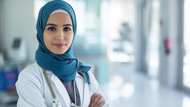 AI generated Young Muslim Doctor in Hijab Smiling in Bright Medical Office photo
