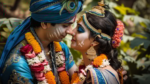 AI generated Divine Love Celebration, Young Couple as Radha and Krishna photo