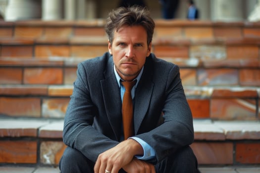 AI generated Businessman sits on steps with thoughtful look contemplating work challenges, urban downsizing image photo