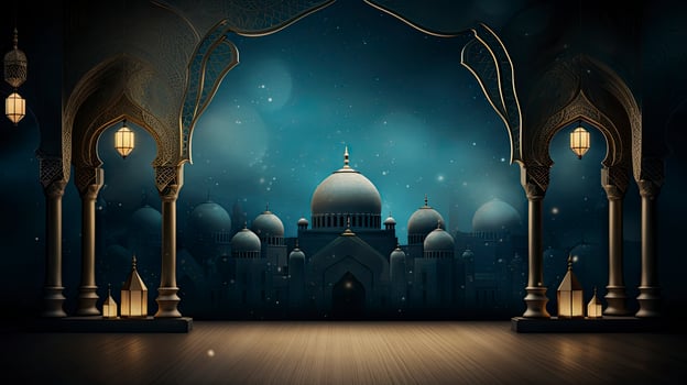 AI generated Ramadan background, free space, Art Deco, dark blue background photo