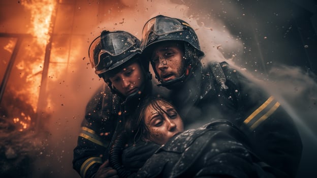 AI generated A close-up photograph of a fireman yelling, face contorted in fury and sorrow, against a backdrop of fierce flames consuming a structure. photo