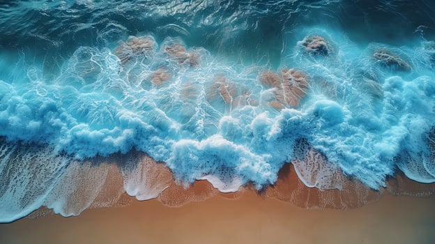 AI generated Beautiful blue ocean waves on clean sandy beach background. Summer vacation background concept. photo