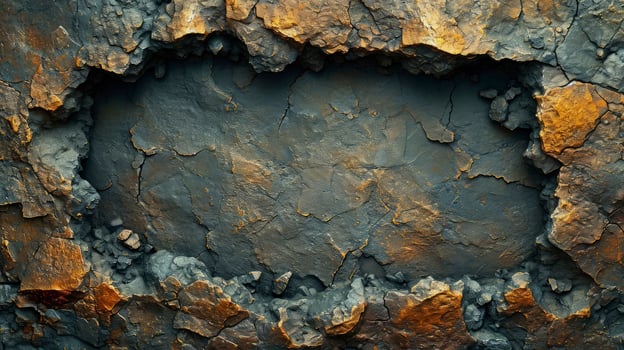 AI generated Cracked black natural stone background with yellow accents. photo