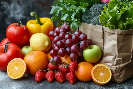AI generated A kraft bag with vegetables and fruits on a black background. Food delivery photo