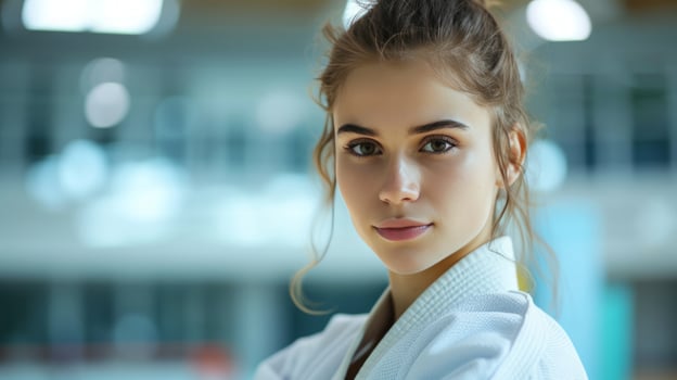 AI generated Beautiful young female judoka posing at the championship and looking at the camera photo