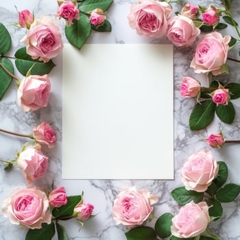 AI generated Blank white sheet. Around it is a frame of pink peonies. Minimalistic bright background photo