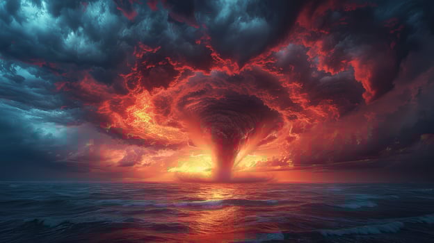 AI generated a tornado storm over the ocean at dusk, with the sky ablaze with the reddish hues of the setting sun. photo