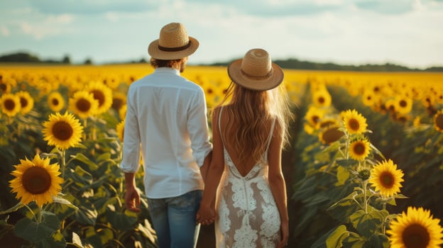 AI generated A beautiful young girl walks through a field with blooming sunflowers photo