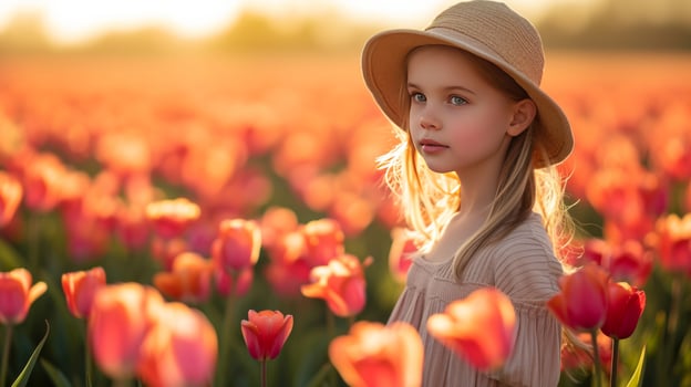 AI generated A beautiful young girl walks through a field with blooming tulips photo