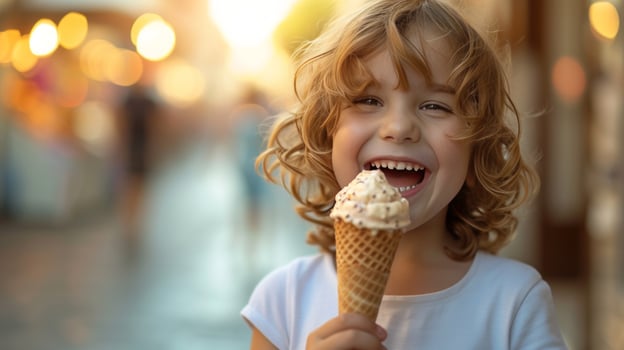 AI generated A Joyful Youngster Savors a Waffle Cone on a Summer Stroll photo