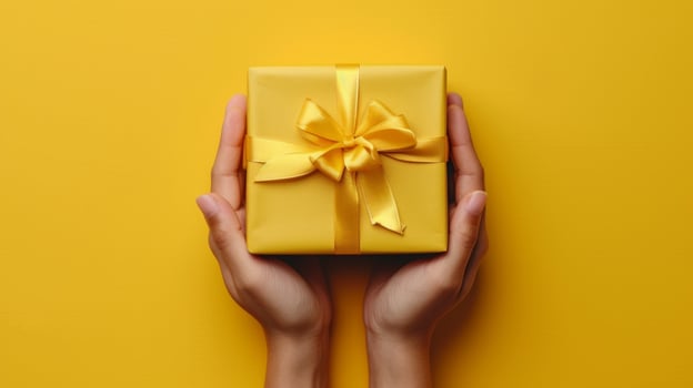 AI generated A Yellow Background Showcasing a Gift Box Held by Human Hands in Close-up View photo