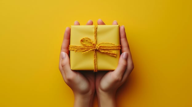 AI generated A Yellow Background Showcasing a Gift Box Held by Human Hands in Close-up View photo
