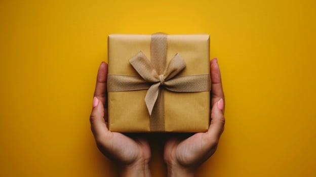 AI generated A Yellow Background Showcasing a Gift Box Held by Human Hands in Close-up View photo