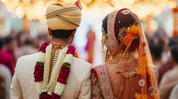 AI generated Indian wedding. Young beautiful bride and groom in national Indian costumes photo