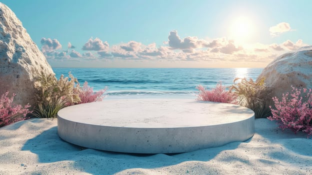 AI generated close-up a white podium in round-shaped displayed on the sand. Blue sky background. photo