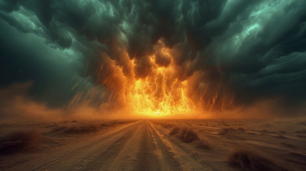 AI generated The sky was dark with thunder rumbling, as a sand tornado crossed the desert. photo