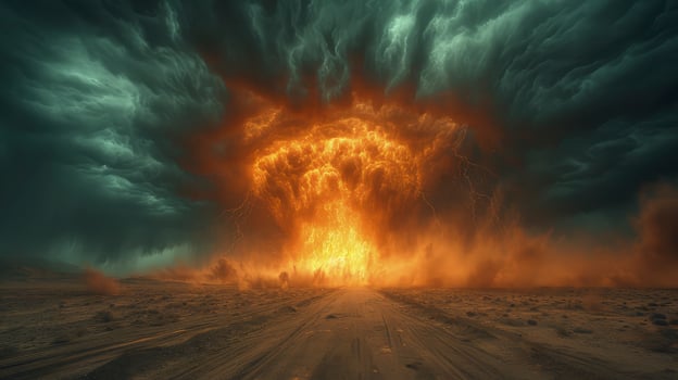AI generated The sky was dark with thunder rumbling, as a sand tornado crossed the desert. photo