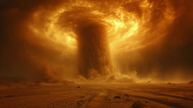 AI generated The sky was dark with thunder rumbling, as a sand tornado crossed the desert. photo