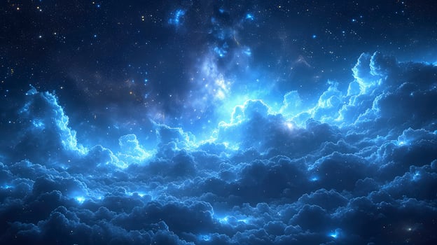 AI generated a cloudy night sky with the presence of Noctilucent clouds that glow in the darkness, creating a stunning sky view. skyward view from below. photo