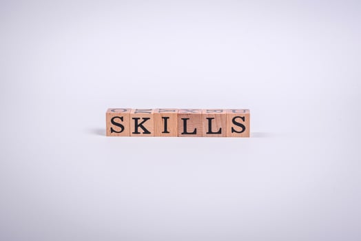 The inscription Skills made of wooden cubes on a plain background photo
