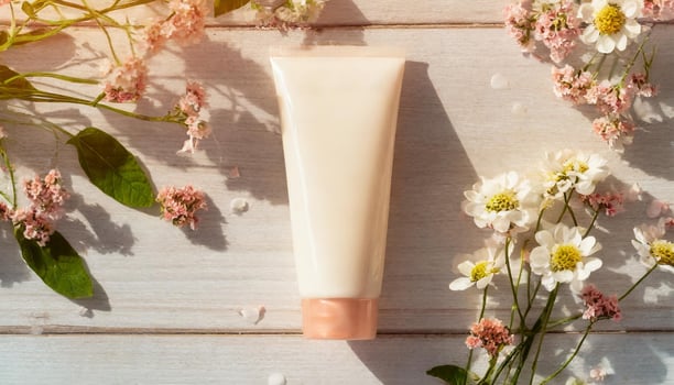 AI generated Mockup cosmetic cream tube on wooden table with tiny flowers, mock up photo