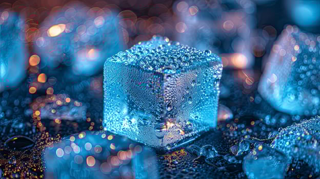 AI generated Close-Up view Sparkling Ice Cubes on the Table photo