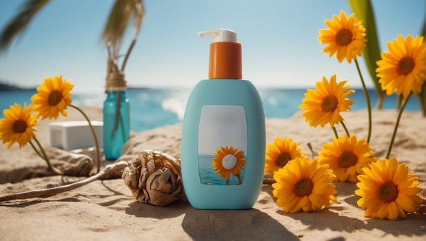 AI generated Sunscreen, flower on sea background photo