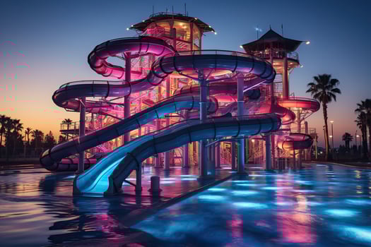 AI generated Water park in the evening in neon lighting in a luxury hotel with a swimming pool. Generated by artificial intelligence photo