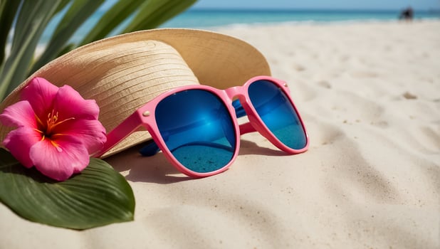 AI generated hat, sunglasses on the background of the sea photo