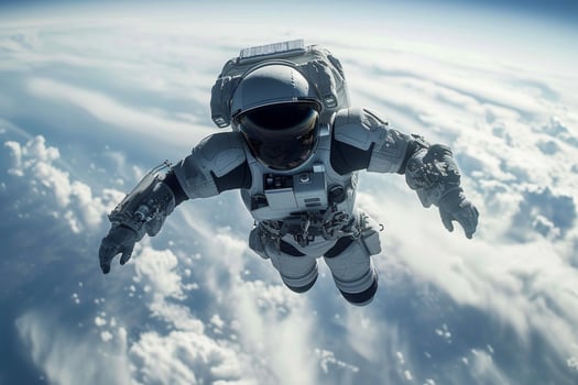 AI generated Futuristic soldier soars mid air in blue sky, embarking on adventure photo