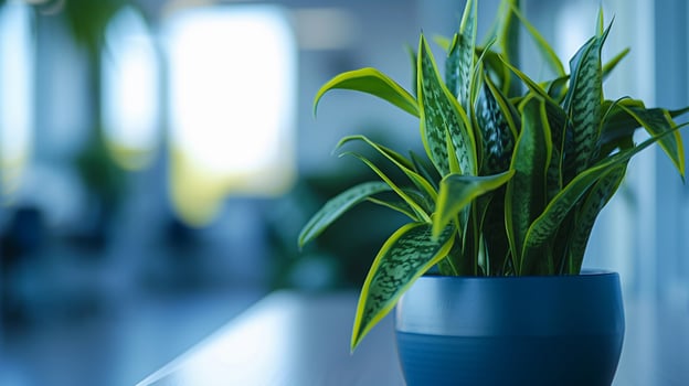 AI generated Office Plantscape, Showcase a variety of indoor plants strategically placed around the office, background image, generative AI photo