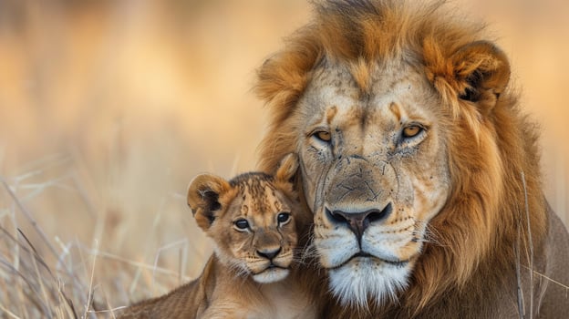 AI generated Portrait of a male lion with a little lion cub, background image, generative AI photo