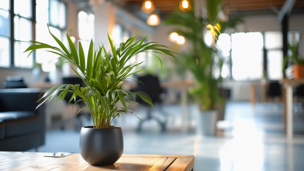 AI generated Office Plantscape, Showcase a variety of indoor plants strategically placed around the office, background image, generative AI photo