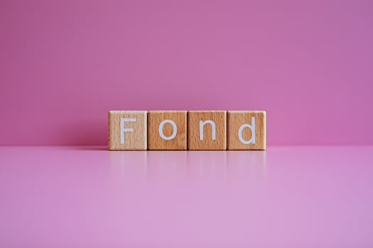 Wooden blocks form the text Fond against a pink background. photo
