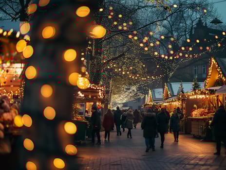 AI generated Christmas market in snow. People walking and shopping photo