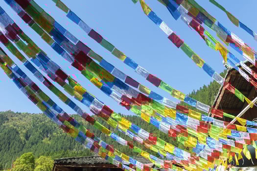 Prayers flags at Shuzheng Tibetan village, Jiuzhaigou National Park, Sichuan Province, China, Unesco World Heritage Site photo