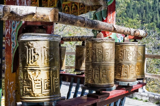 Shuzheng, Sichuan, China, 2015, Prayers wheels at Shuzheng Tibetan village, Jiuzhaigou National Park, Sichuan Province, China, Unesco World Heritage Site photo