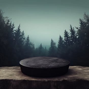 AI generated Round bluish stone podium on rock platform 3d illustration, flat rock pedestal for product display, green forest and blue horizon on the background, natural scenery landscape photo