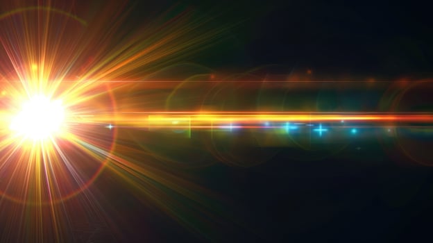 AI generated Abstract sun burst, digital flare, iridescent glare, lens flare effects over black background for overlay designs photo