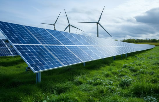 AI generated Solar panels and wind turbines on green fields generate energy for a sustainable future, renewable energy innovations photo