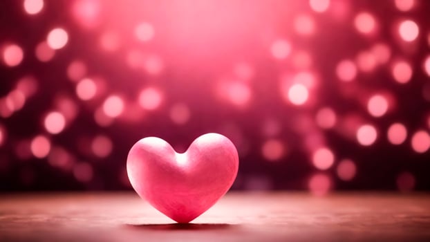 AI generated 3d pink heart on wooden table, blurred background with defocused bokeh lights. Valentine's day greeting card, love concept photo