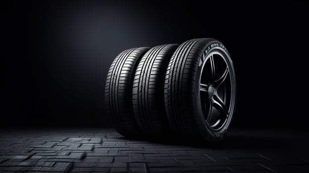 AI generated New Car Tires Banner, Automotive Parts on Dark Background with Copy Space photo